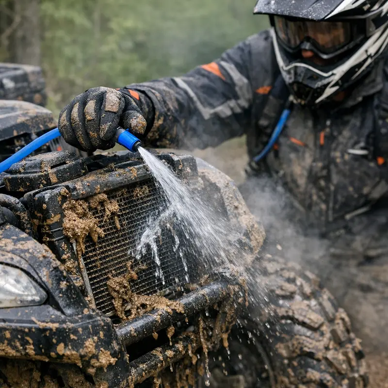 A rider using a Camelbak hose to spray water onto a muddy radiator