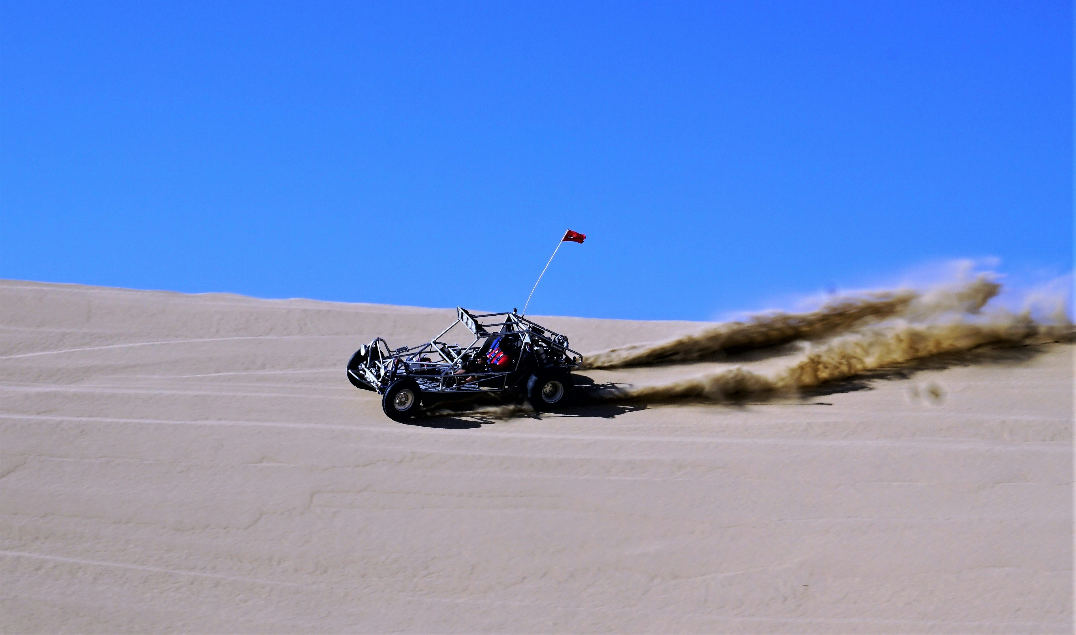 black and blue dune buggy driving on desert